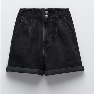 High-Waisted Paperbag Black Wash Denim Shorts